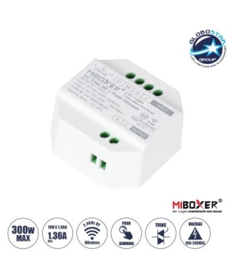 GLOBOSTAR® MiBOXER-TRI-C1 71432 AC Triac RF 2.4Ghz & Push Dimmer με 1 x 1.36A 300W Κανάλι AC 220-240V 1.36A 300W Max IP20 - RF 2.4Ghz & Push Dimming - Μ5 x Π5 x Υ2.3cm - 5 Χρόνια Εγγύηση